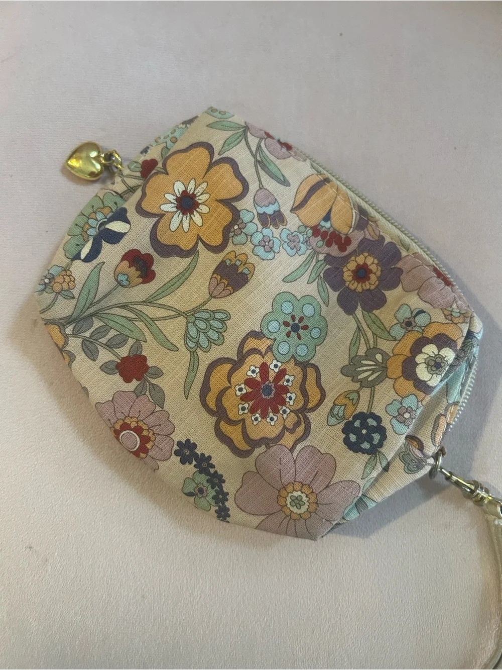 Anna Sui Floral Wristlet Pouch in Cream with Multicolor Blooms